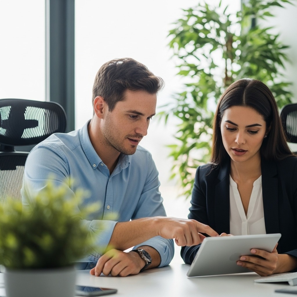 mulher analisando documento e laptop