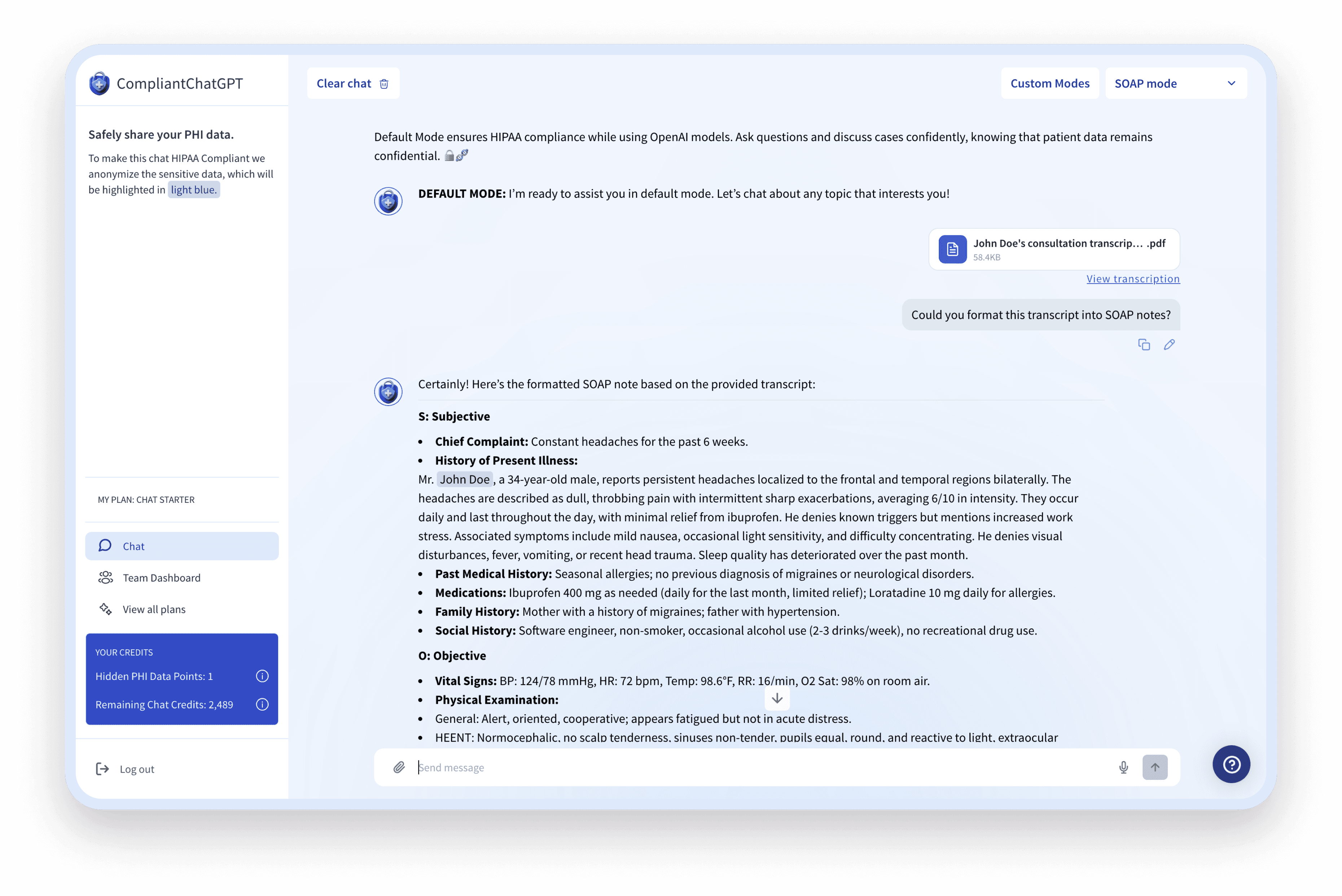 CompliantChatGPT chat interface showing a user uploading a document for SOAP formatting, with the response highlighting the user's name to ensure HIPAA compliance and secure patient data management in healthcare AI solutions.