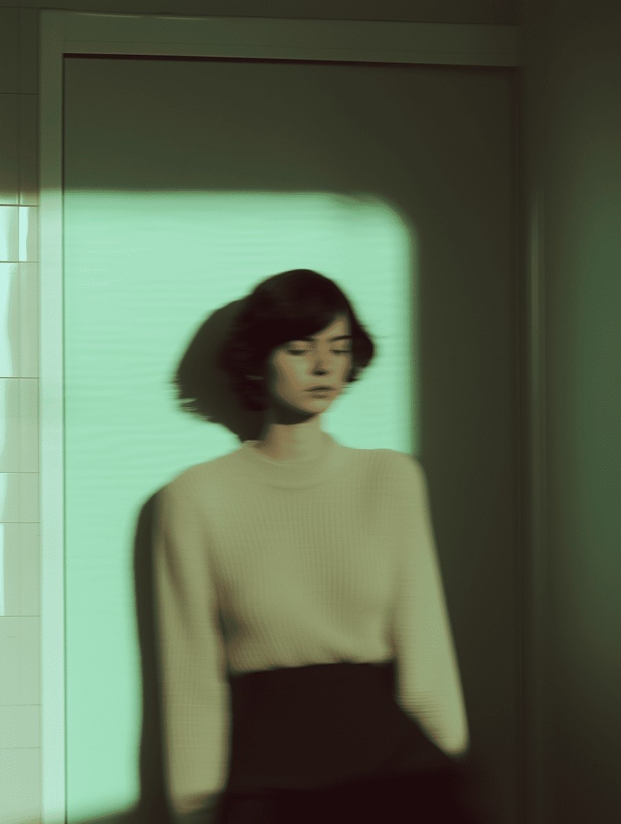 A blurred image of a person with short dark hair standing against a wall, softly illuminated by a greenish light filtering through a window, creating a shadow behind them and evoking a serene atmosphere.