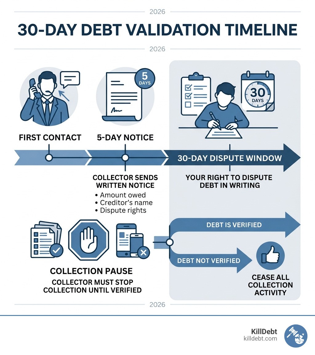 30-day debt validation timeline: first contact, 5-day notice, 30-day dispute window, collection pause - letter of debt