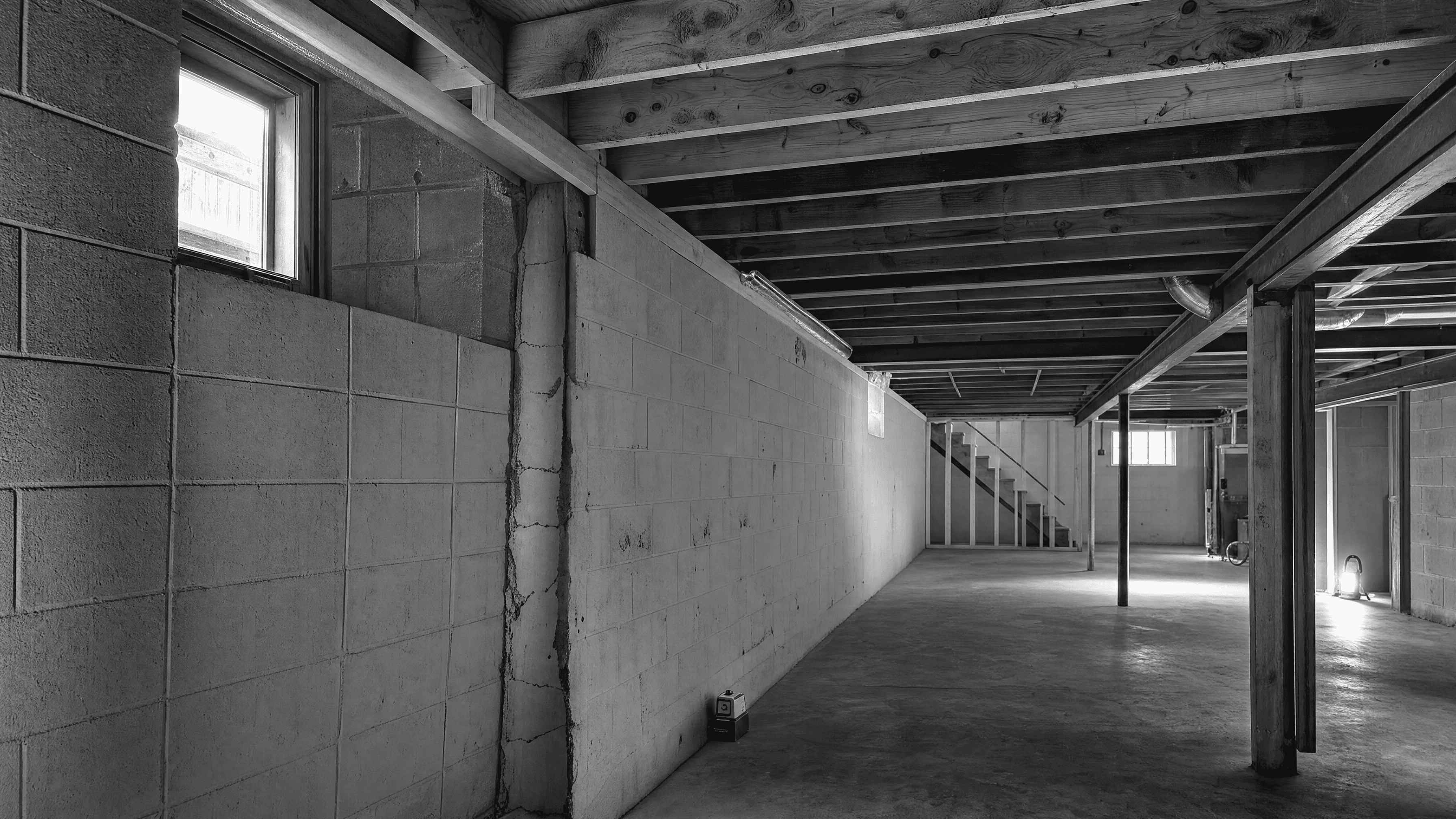 Unfinished basement with concrete block foundation walls, a vertical crack, exposed floor joists, support posts, and a yellow laser level.