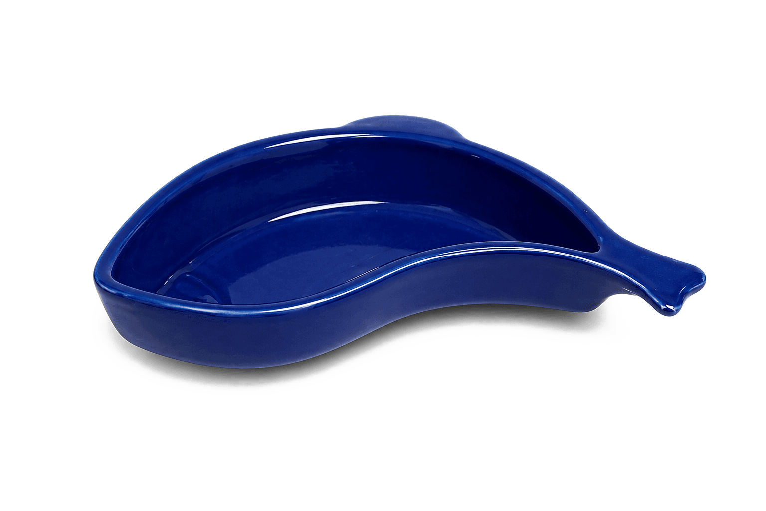 Alt text : Coupelle en céramique de forme de poisson, entièrement émaillée bleu nuit brillant