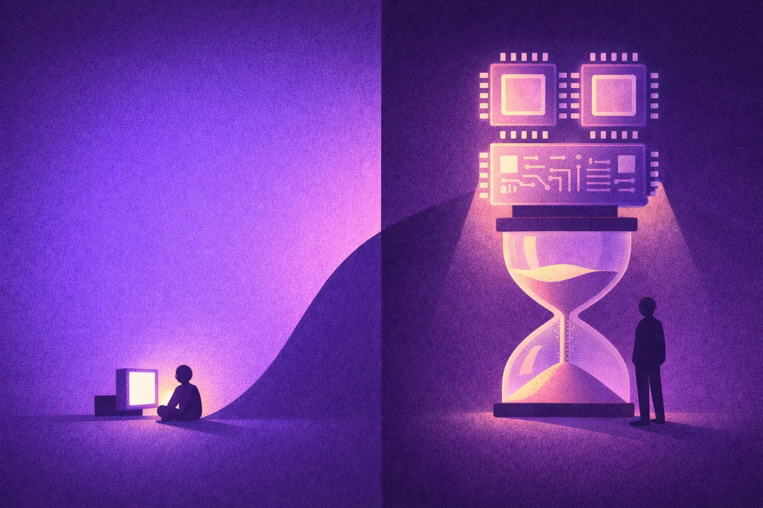 Minh họa AI UX trong UXUI Design và Product Design: người dùng ngồi chờ trước màn hình máy tính trong khi hệ thống AI xử lý tác vụ dài như đồng hồ cát khổng lồ, thể hiện thách thức trải nghiệm khi AI chạy chậm – bài viết của Nguyen Tan Toan về AI.