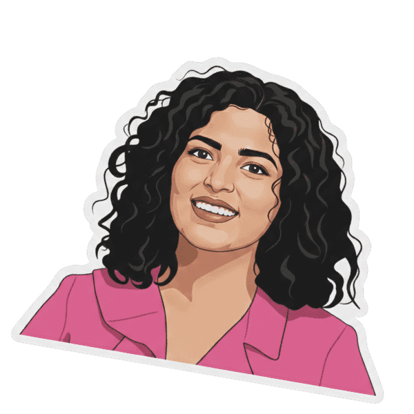 Smiling woman with curly dark hair and a pink blazer