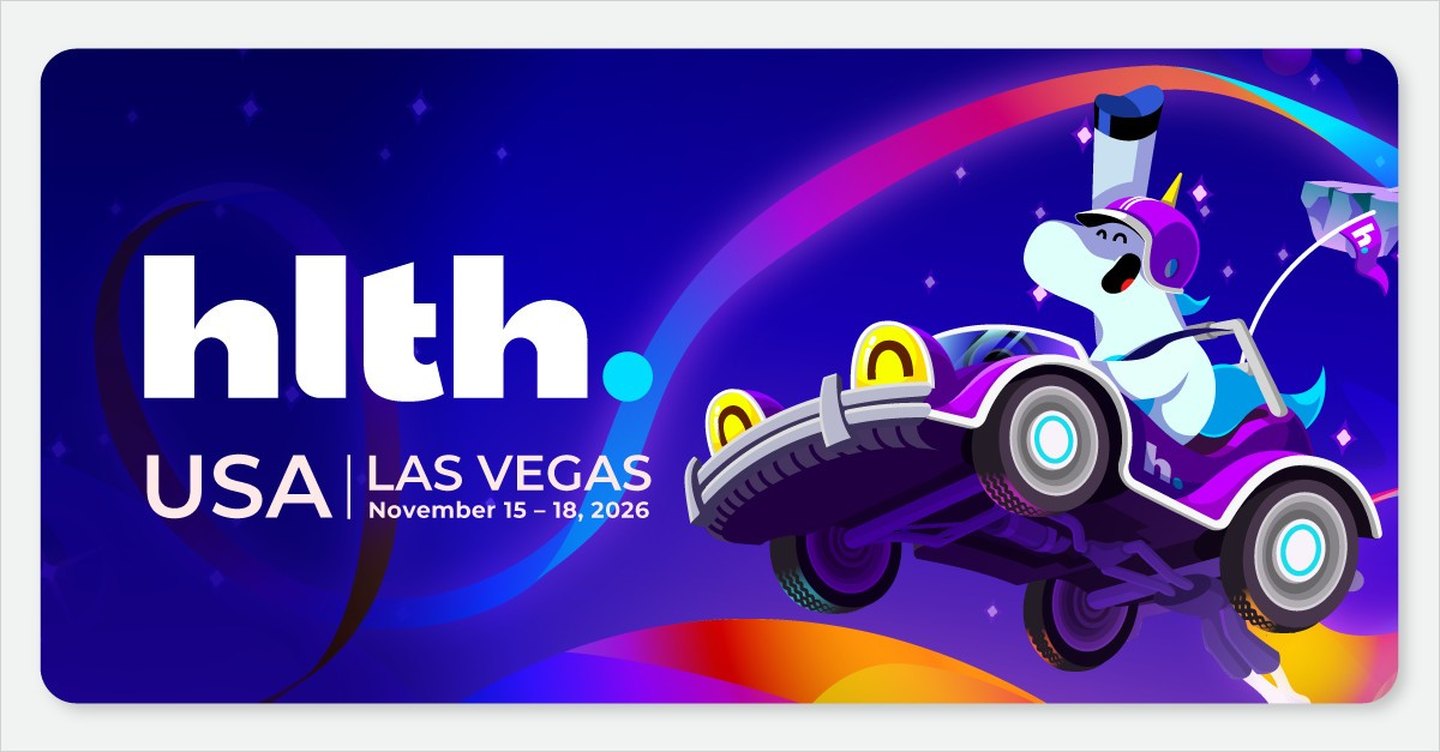 HLTH USA 2026 banner for Las Vegas, November 15 to 18, with an illustrated character driving a purple car