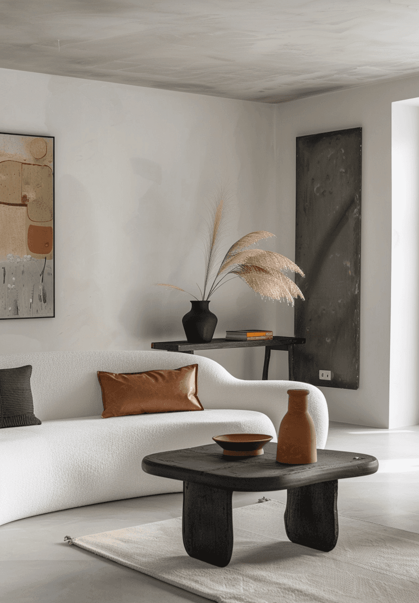 Minimalist living room with curved white sofa, moody art, and soft natural light