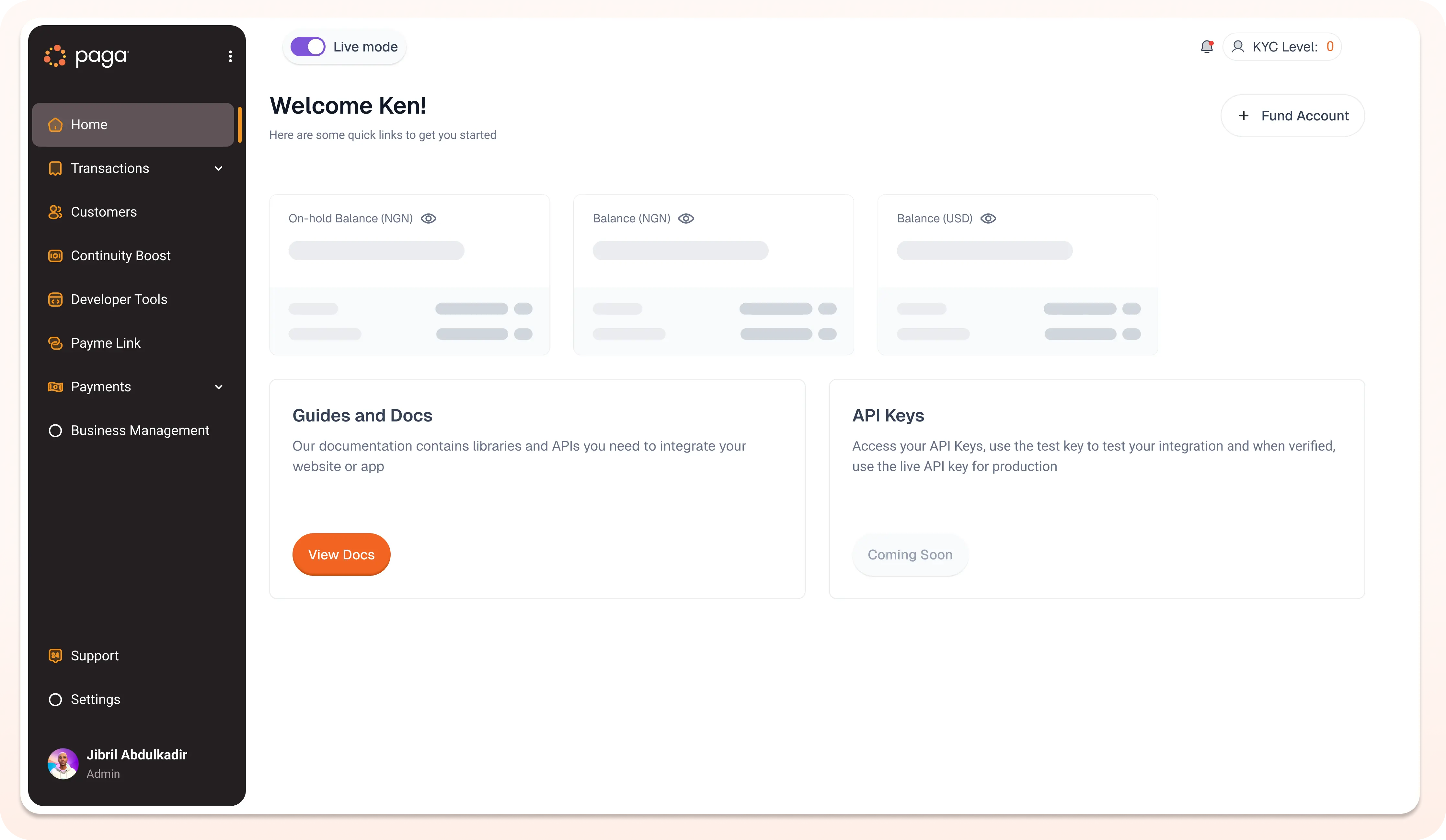 Paga engine new Business portal Interface