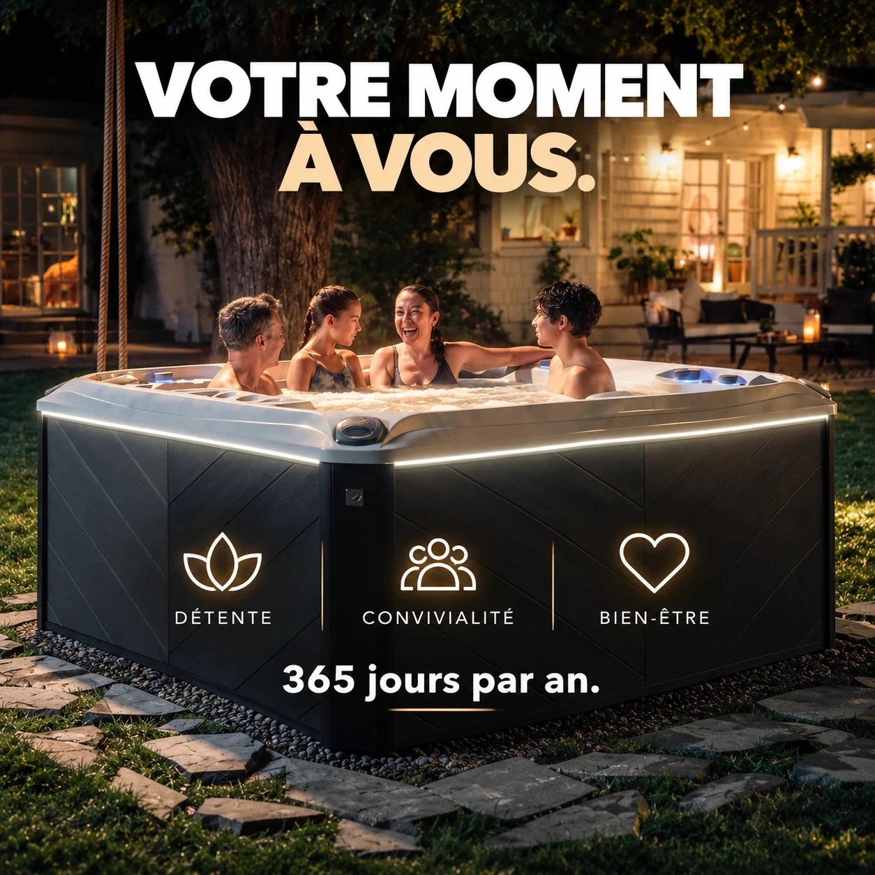 Famille dans un spa Sundance le soir, votre moment à vous