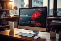 Mockup du site IntimaThérapie sur iMac, présentant une grande fleur rouge et des services d’hypnose et soins énergétiques.