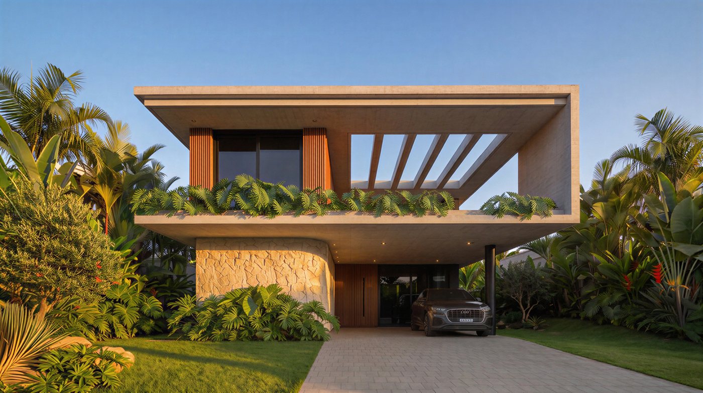 Render da fachada de uma casa de dois pavimentos no fim da tarde: volume superior de concreto apoiado sobre uma parede de pedra, brises de madeira, jardineira de folhagem na varanda e um carro na garagem coberta.