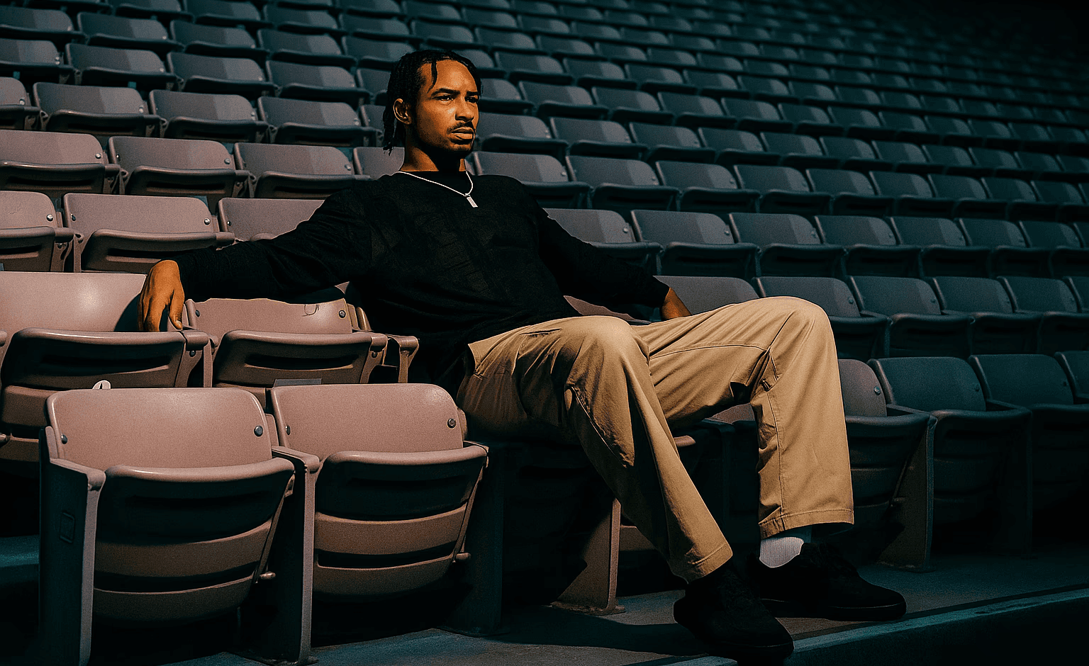 Man dressed in dark casual wear sitting alone in a stadium’s empty rows of purple chairs, lit by dramatic moody lighting.