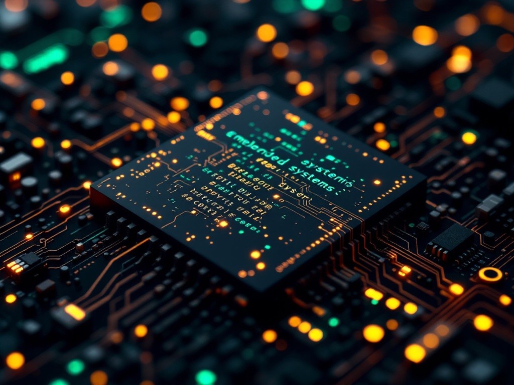 Close-up view of a circuit board with glowing components and the words 'embedded systems' displayed on a central chip.