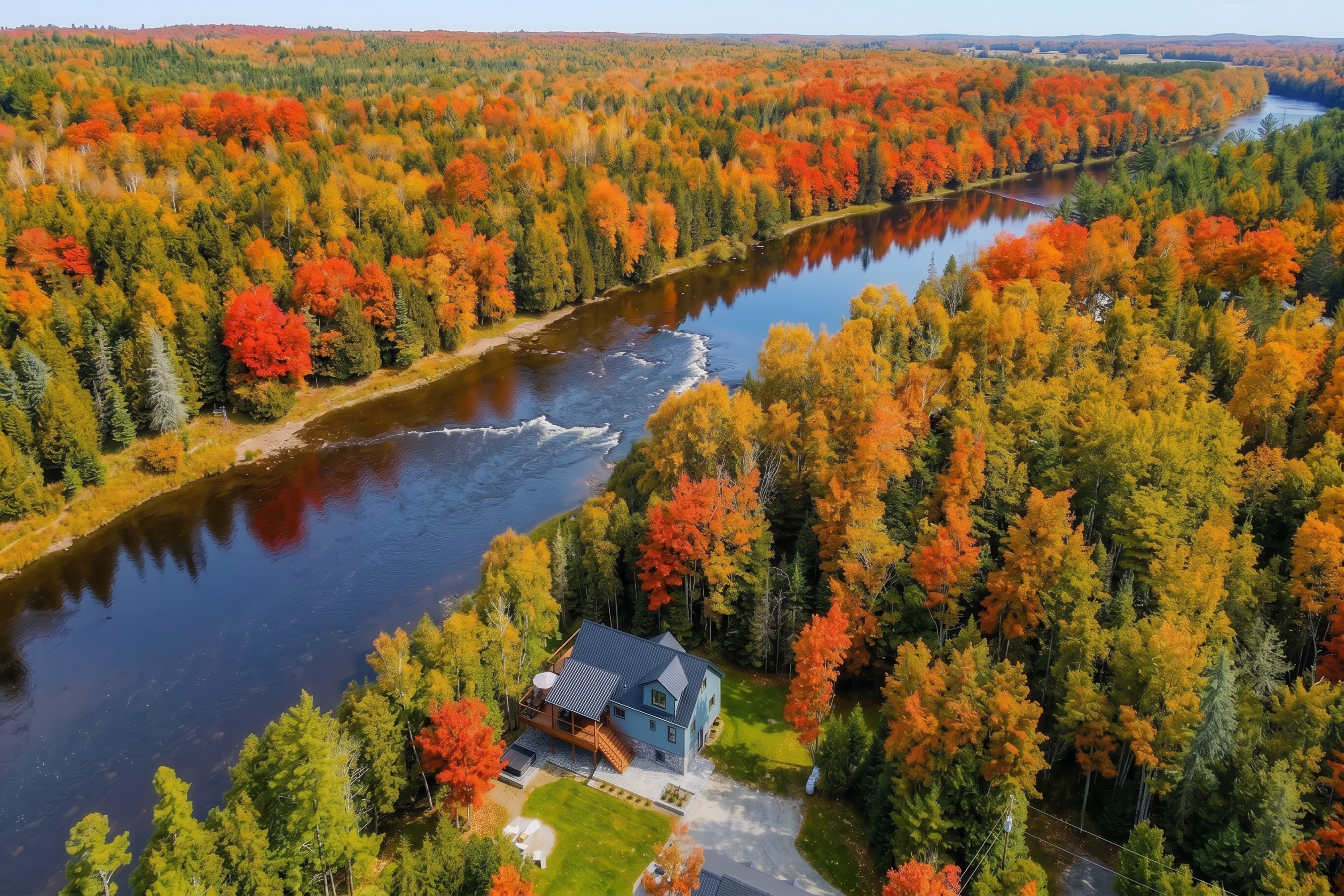 Autumn aerial of Kingfisher Lodge beside a winding river