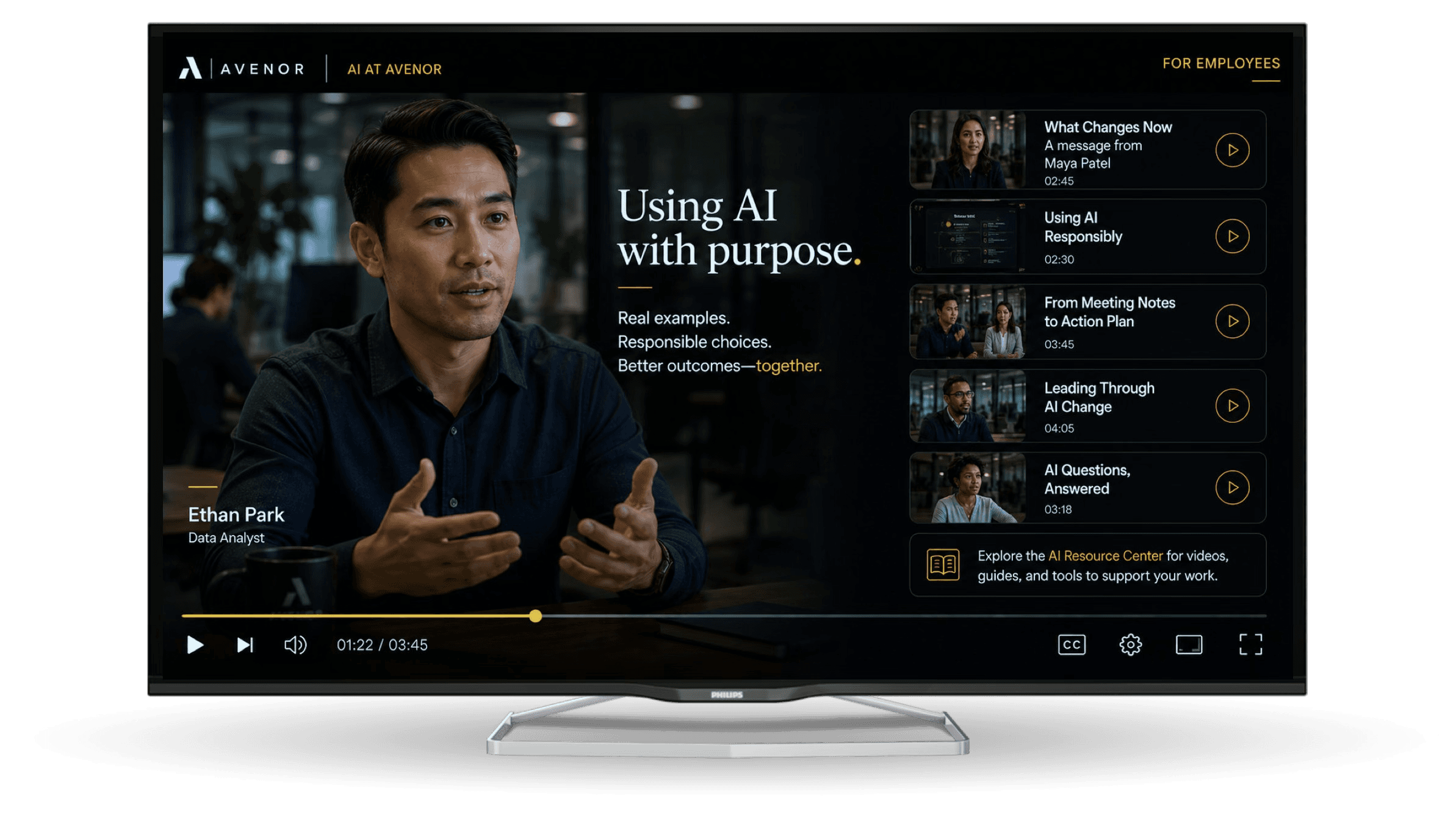 A still shot from Avenor's AI Change Comms Video program on a flat screen TV.