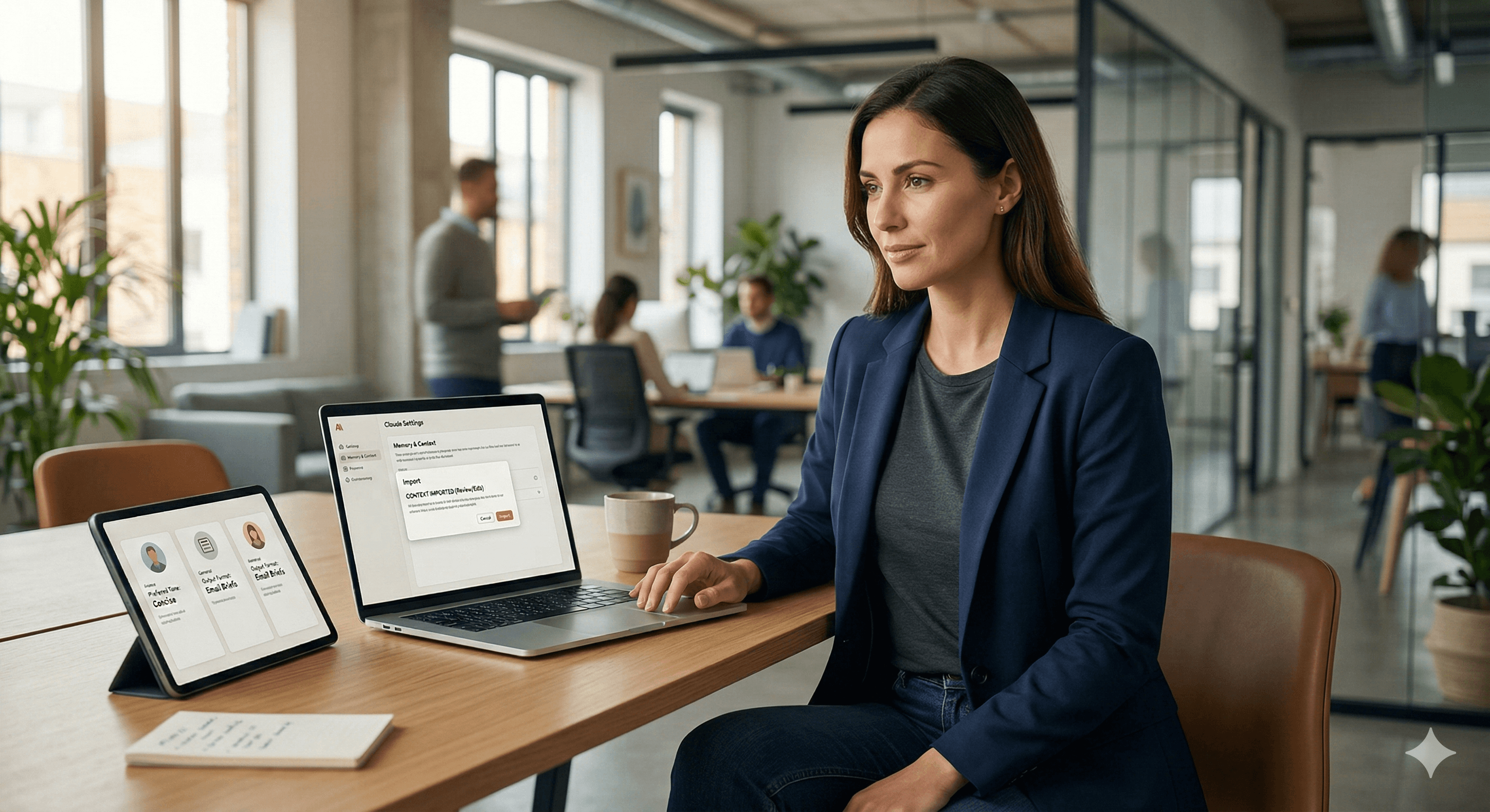 A professional woman in a modern office uses multiple electronic devices, such as a laptop and tablet, while holding a coffee, surrounded by contemporary furnishings and colleagues collaborating in the background.