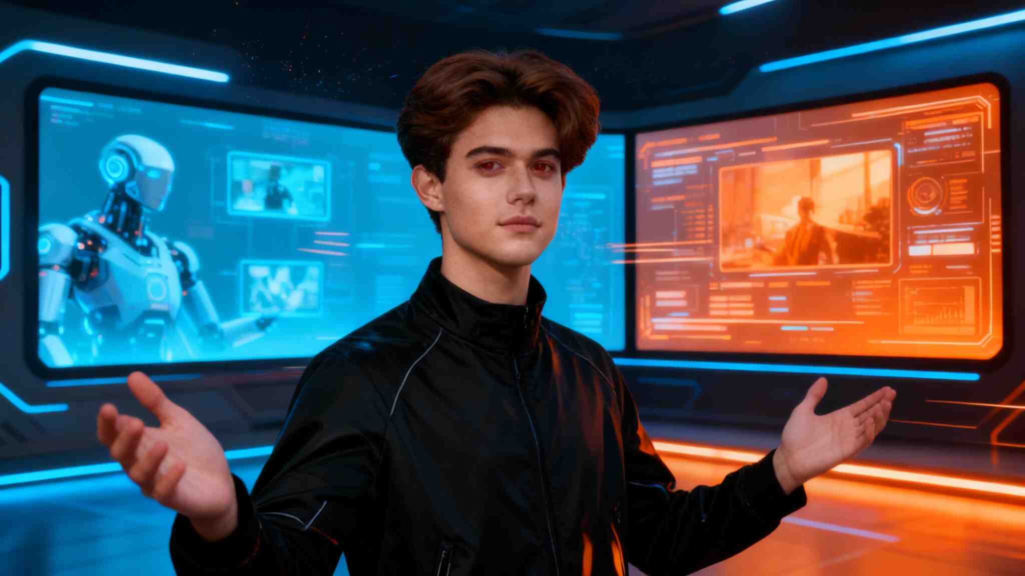 Pantalla dividida futurista que muestra la comparación de Kling AI 1.6 y Kling 2.0 en un estilo tecnológico cinematográfico.