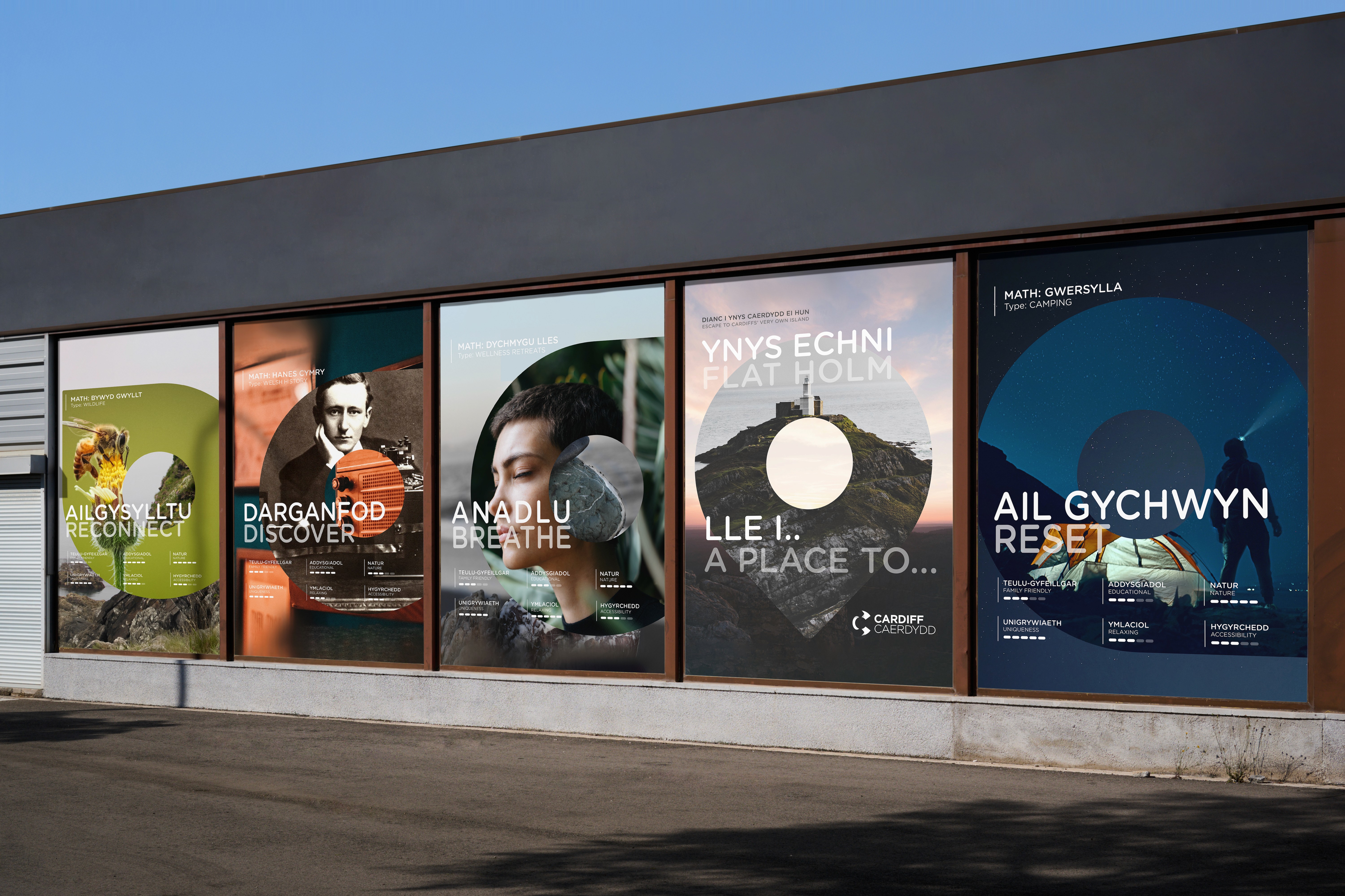 A wall of 5 bilingual posters advertising thing to do in Cardiff