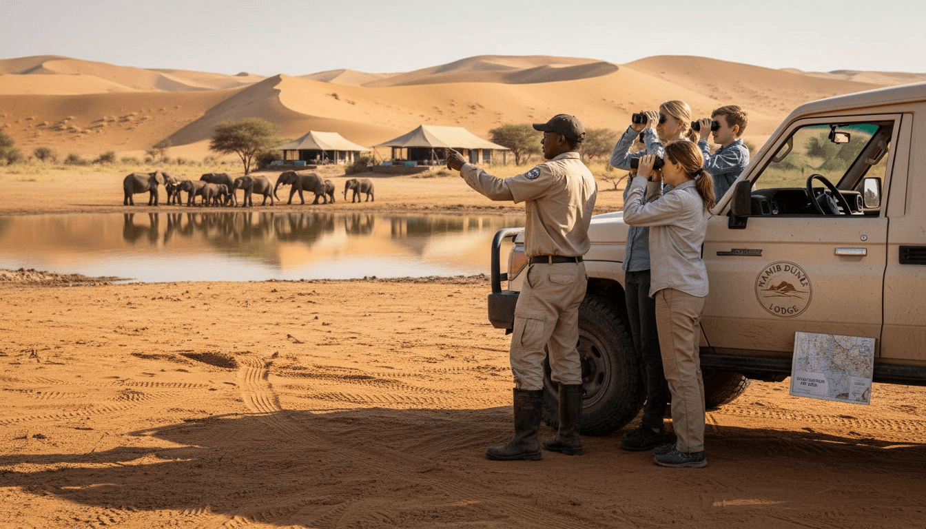 Safari guide briefing guests near Land Cruiser