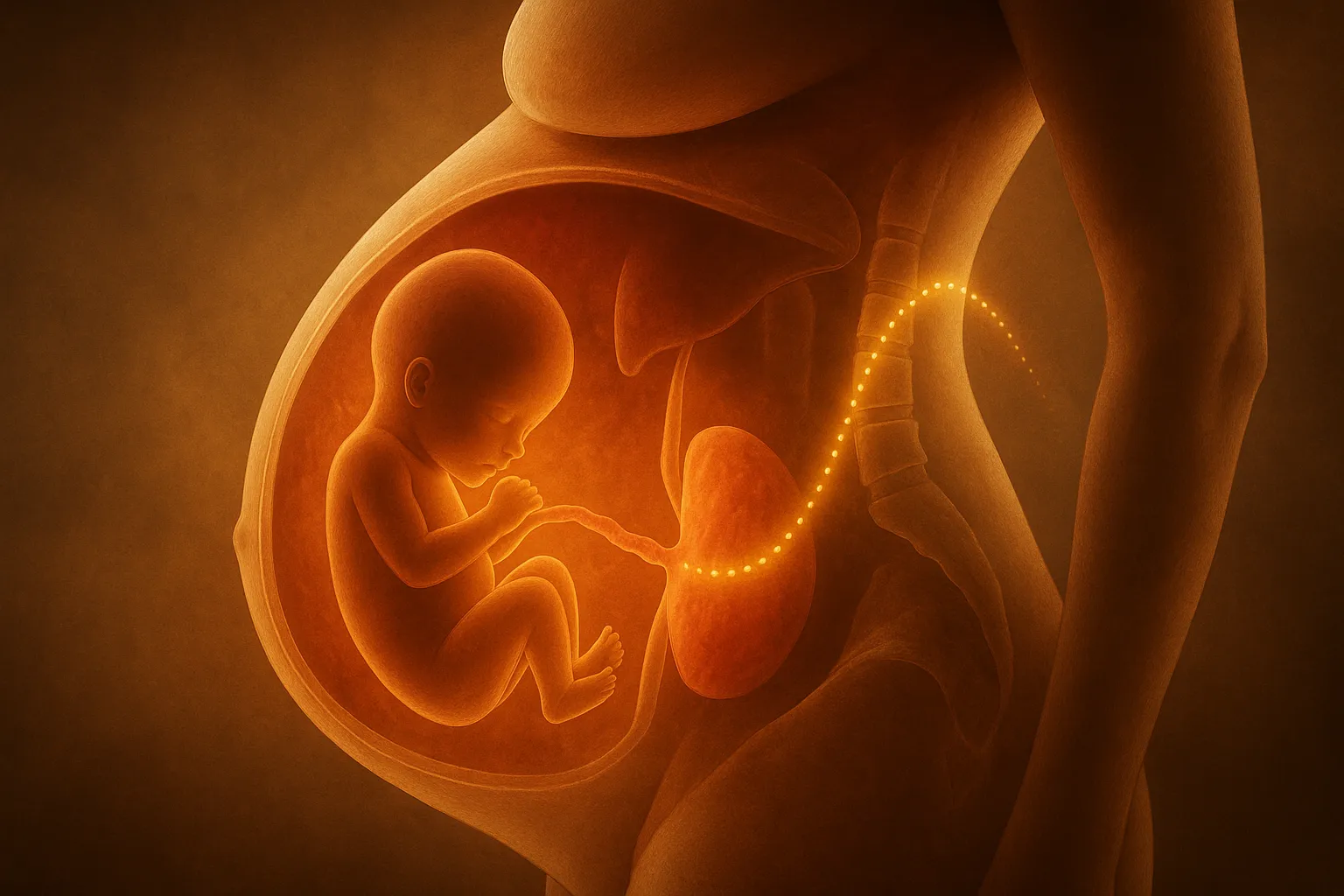 IGF-2 - Side-view of pregnant woman with glowing fetus, placenta, and umbilical cord symbolizing IGF-2–driven fetal growth