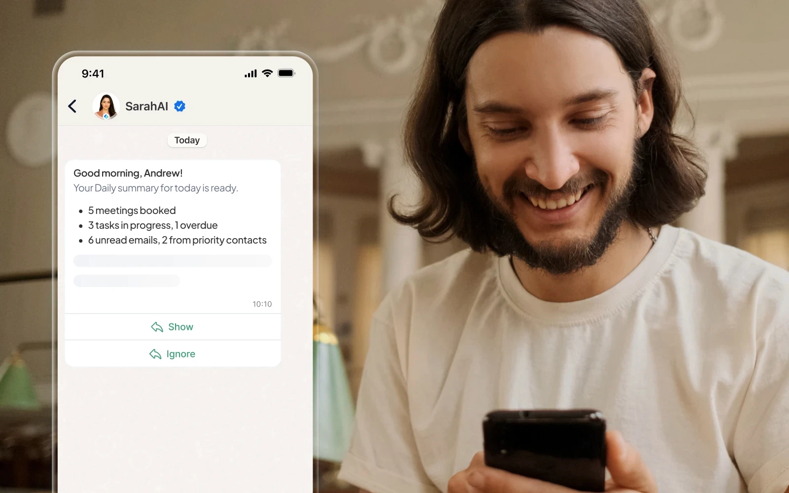 SarahAI daily morning brief sent via WhatsApp showing today's meetings, tasks, and priority emails