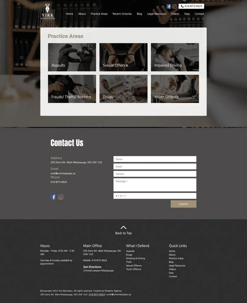 Areas-Of-Practice page for virkbarristers website developed & designed by Dreams Agency Mississauga, Ontario