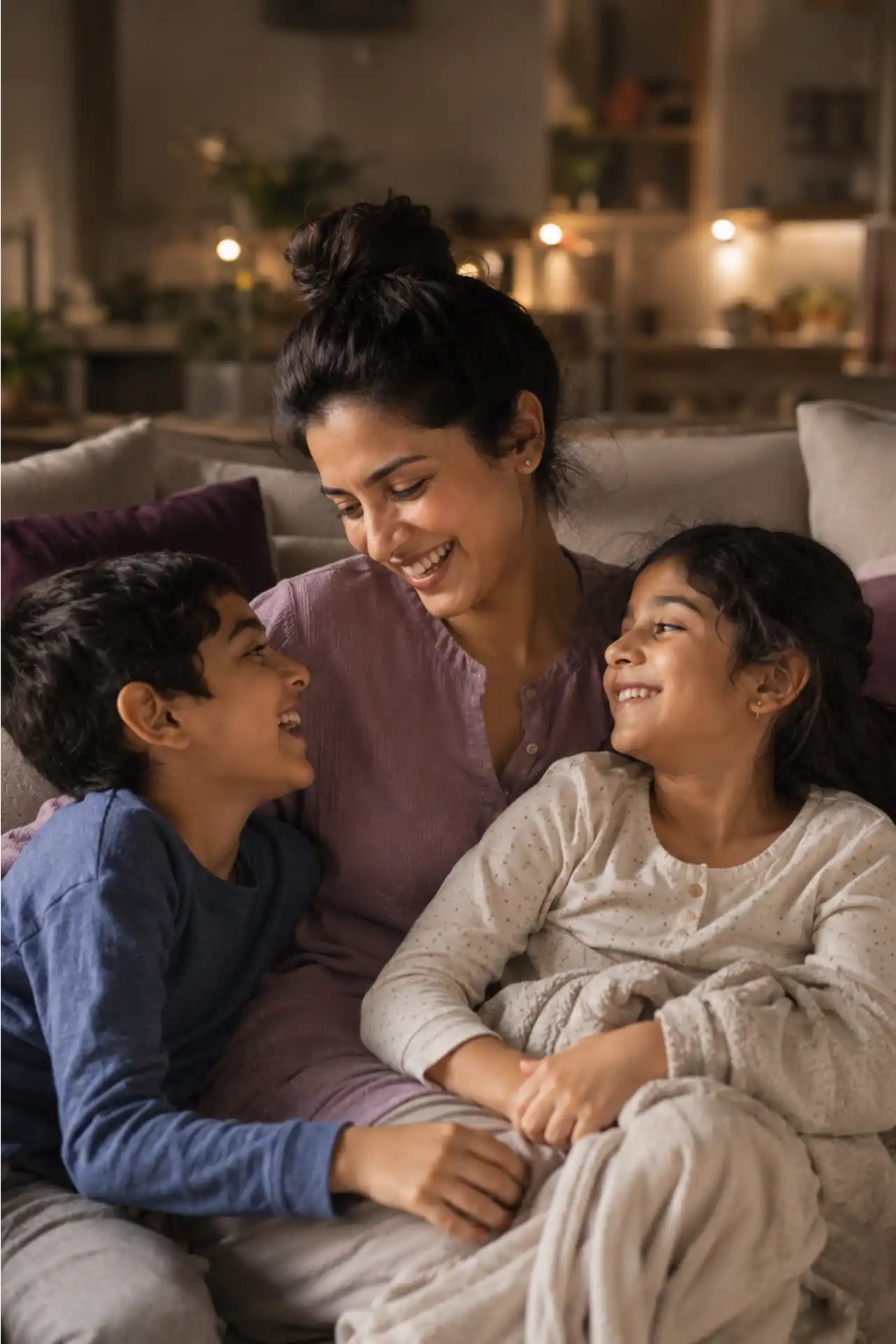 A mother, smiling affectionately, sits on a comfortable couch with her two children, a boy and a girl, in a cozy, warmly lit living room.