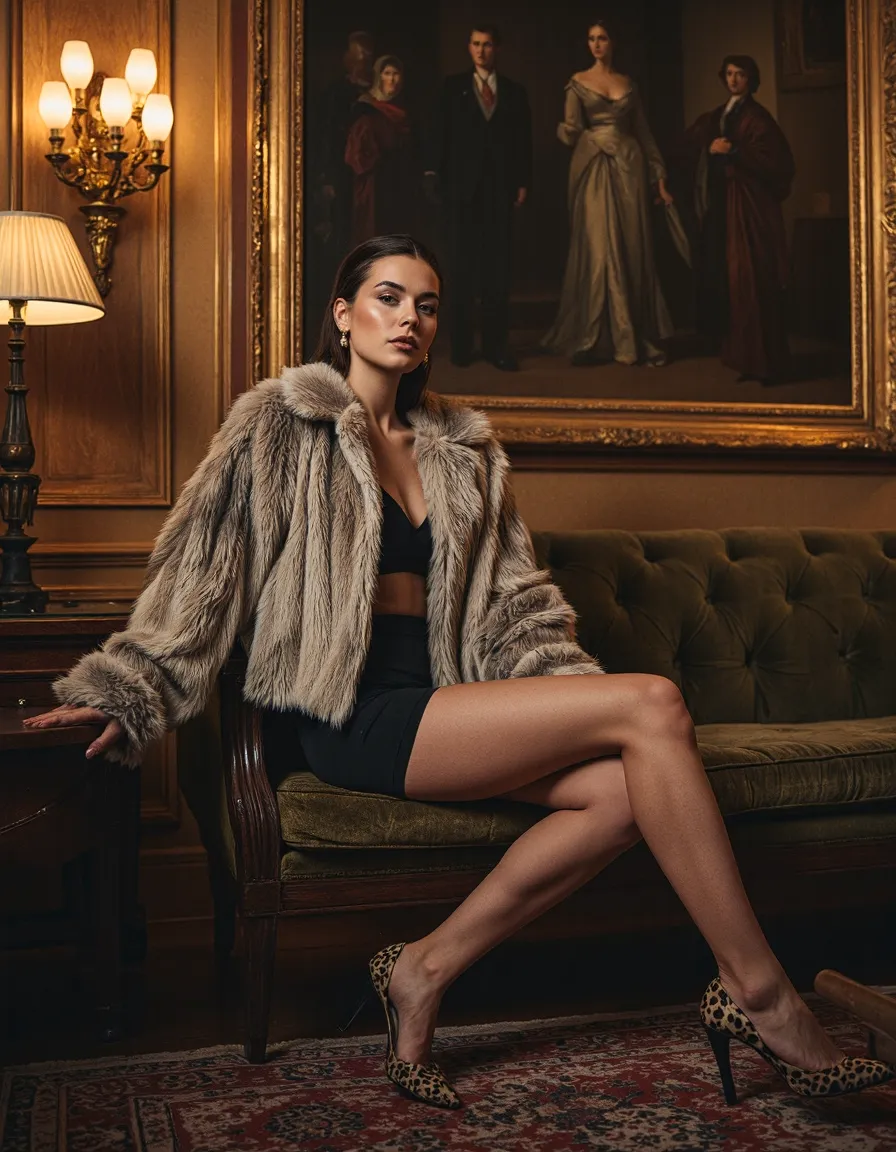 Elegant woman in fur coat seated on green velvet sofa with classical painting and warm lighting in luxurious interior