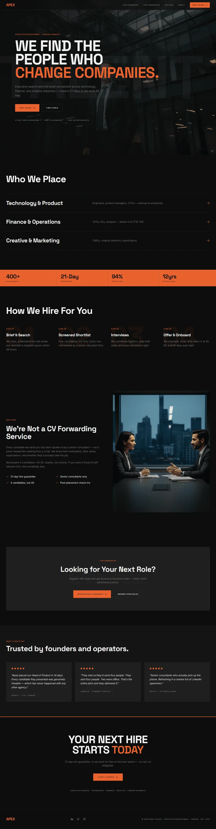 Recruitment agency website prompt full preview — near-black #111111 background with electric orange #e85c1a accent and white text, Space Grotesk 700 bold hero headline with large faded "TALENT" background text at 4% opacity, composition-independent right-to-left gradient over full-bleed corporate office photography, three hover-raise sector rows for Technology, Finance, and Creative with orange arrows, and full-width orange count-up stats strip with four metrics and dark dividers