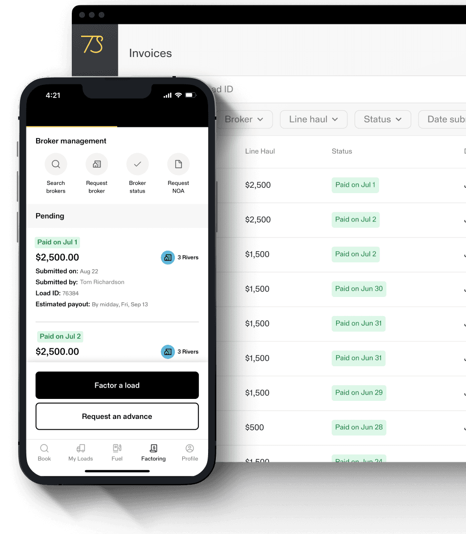 TruckSmarter freight factoring screens showing account balance, how to factor a load, payments, uploading docs, and the debit card