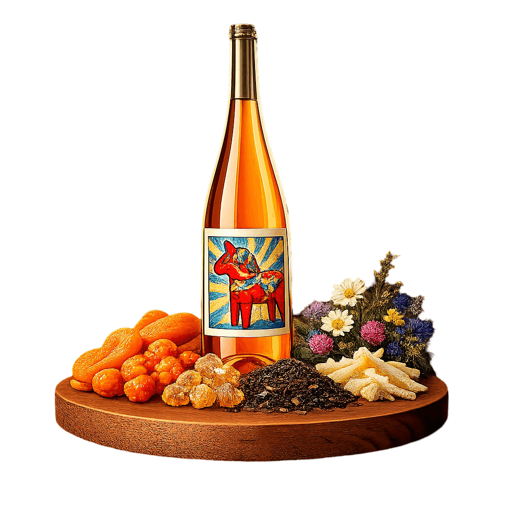 Artistic label and flavor profile for Swedish Orange Wine on a rustic wooden table.