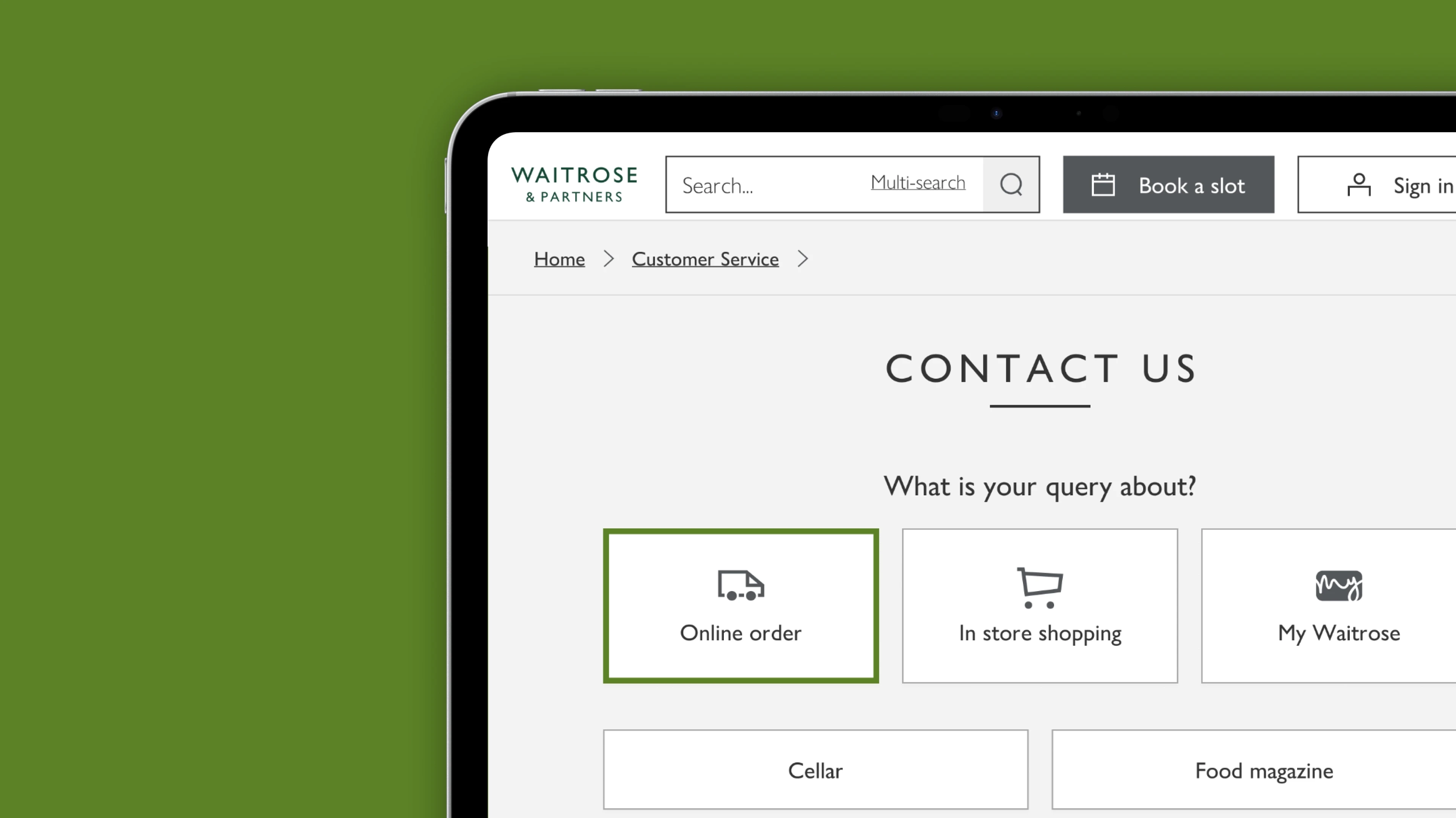 iPad close-up showing the selected state on the Online order option, with a green border highlighting the choice.