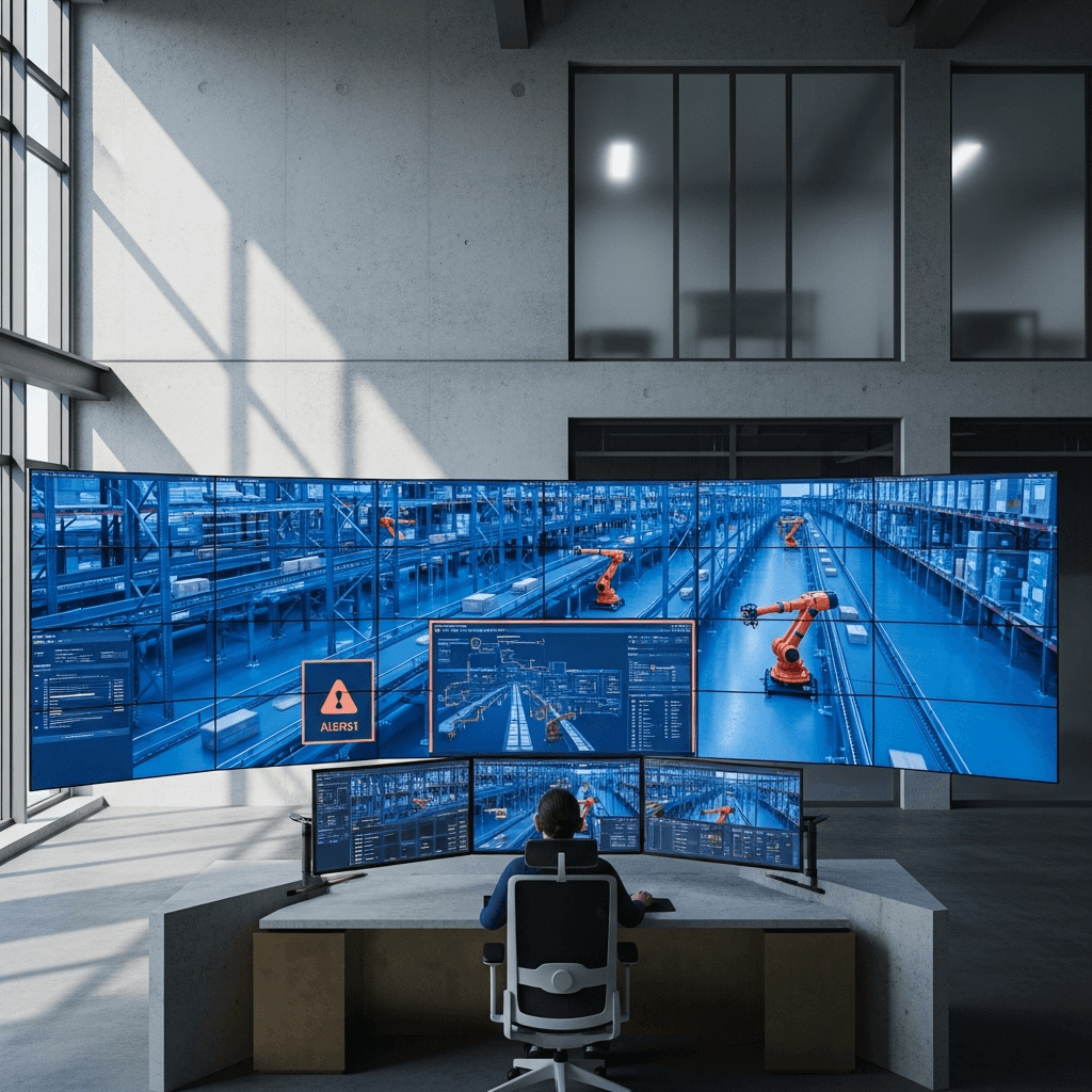 Editorial photograph of a vast, modern logistics warehouse control room with a single operator overseeing a large bank of screens. The screens display schematics of automated conveyor systems and robotic arms. One screen in the foreground is highlighted with a subtle red alert icon, indicating a system bottleneck. The room has minimalist, architectural lines with concrete and glass elements. Natural light streams in from large windows. The color palette is dominated by Agintex brand colors #1F3B5B (deep blue) and #F5F2EC (off-white), with #E76F51 (burnt orange) used for the alert icon. The upper-left third of the frame has empty wall space for text overlay. Aspect ratio 16:9. Photorealistic, no text, no logos.