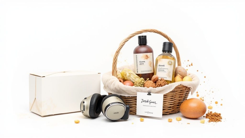 Una cesta de regalo con productos de baño, auriculares, una caja blanca, frutas y frutos secos sobre fondo blanco.