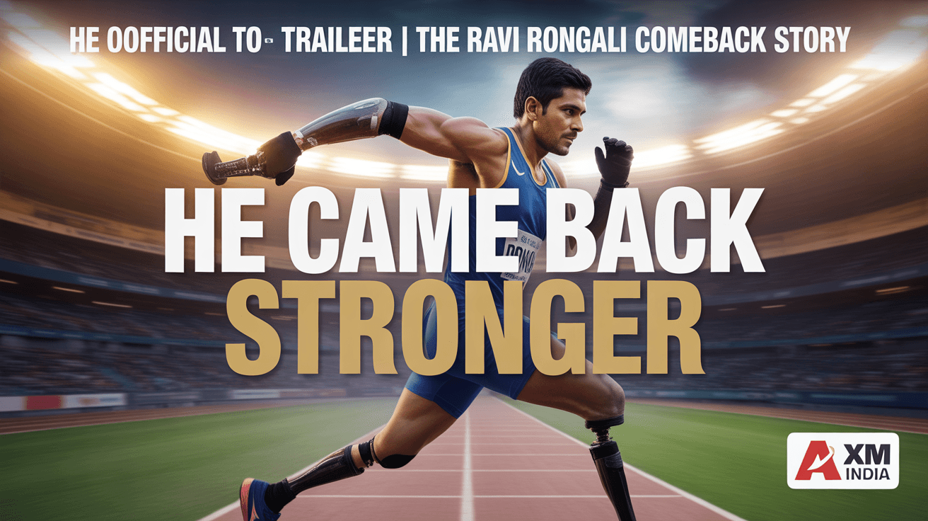 Para-athlete sprinting in stadium with prosthetic blades and He Came Back Stronger text