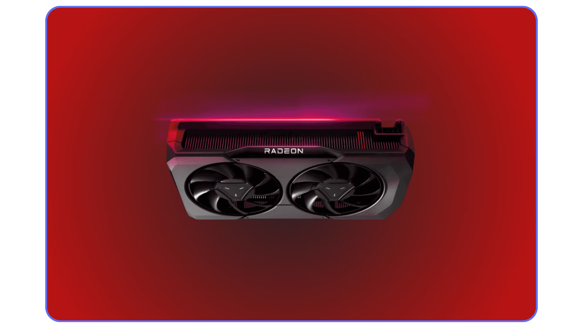 AMD Radeon graphics card with dual fans showcased on a red gradient background.