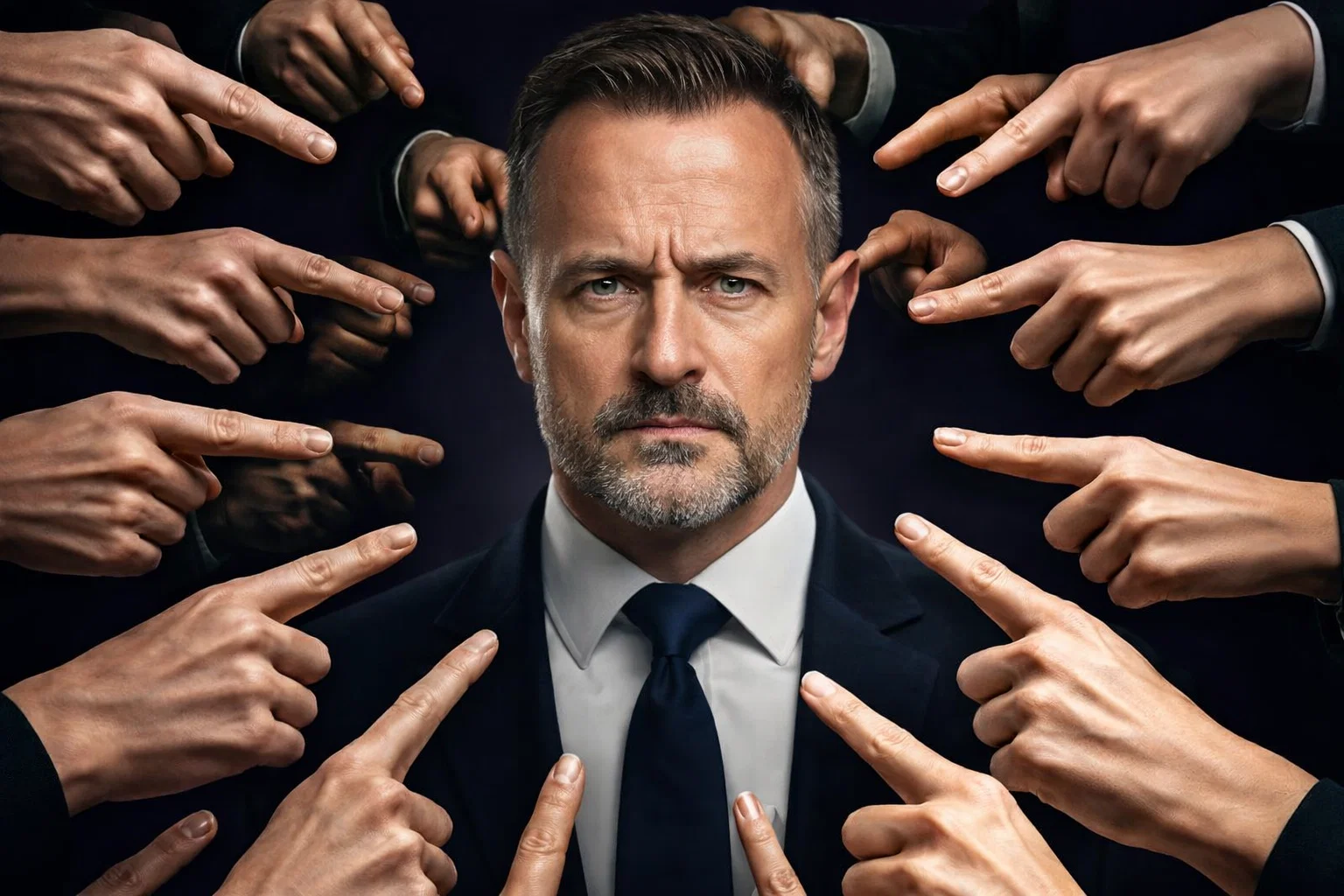 Squid Game masked guards surround a man holding a geometric mask. Circle, square, triangle symbols.