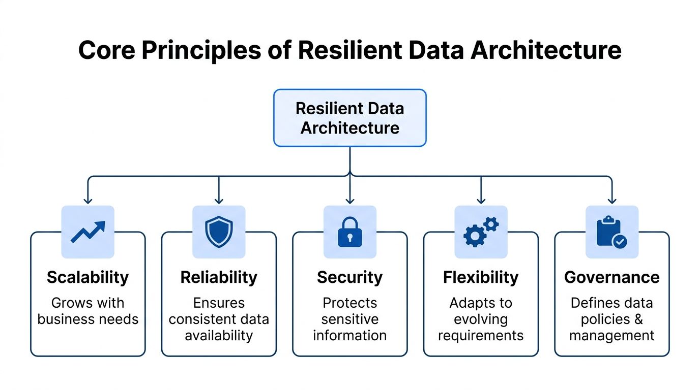 A diagram illustrating the five core principles of a resilient data architecture: Scalability, Reliability, Security, Flexibility, and Governance.