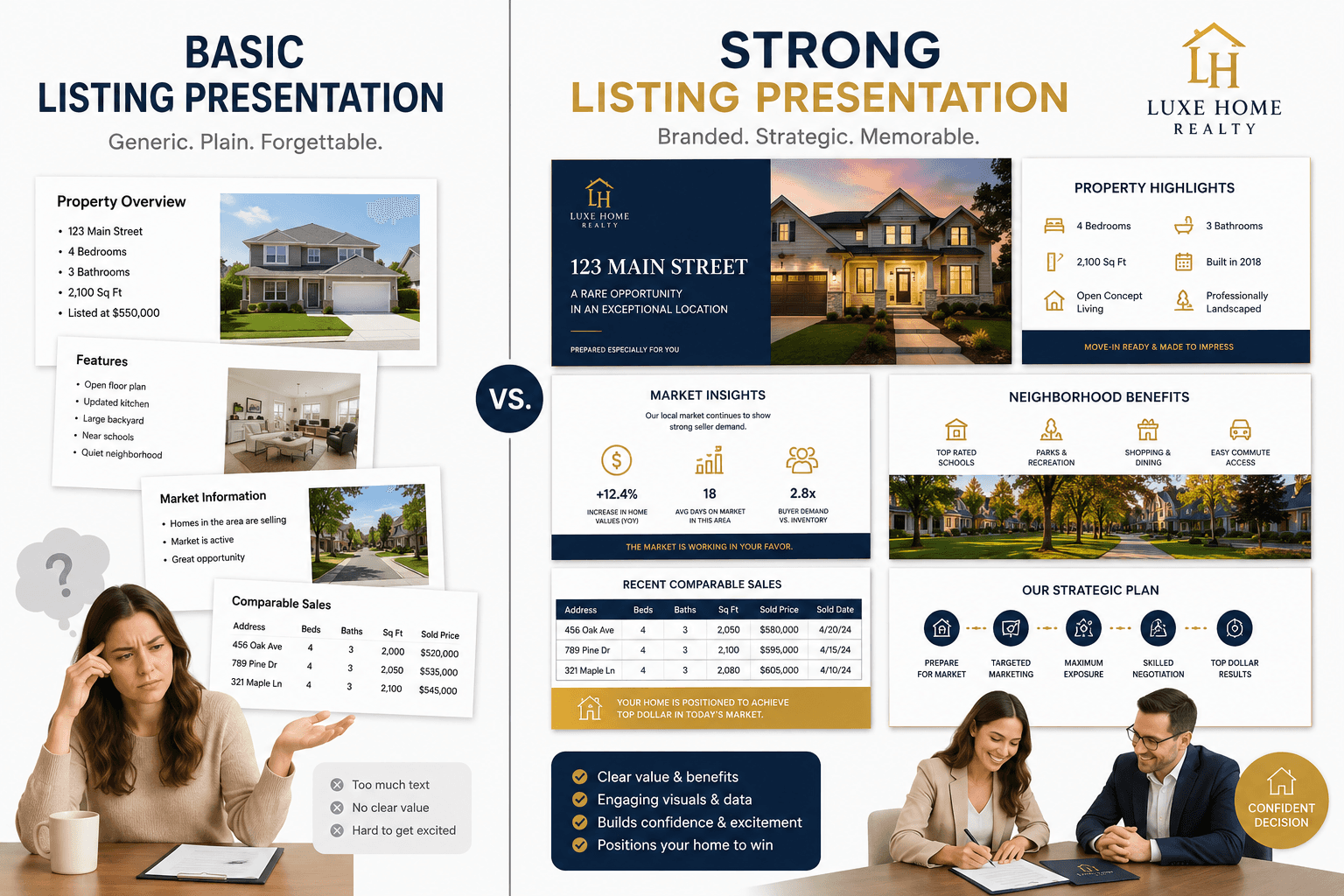 Infographic comparing a basic real estate listing presentation to a strong, branded listing presentation