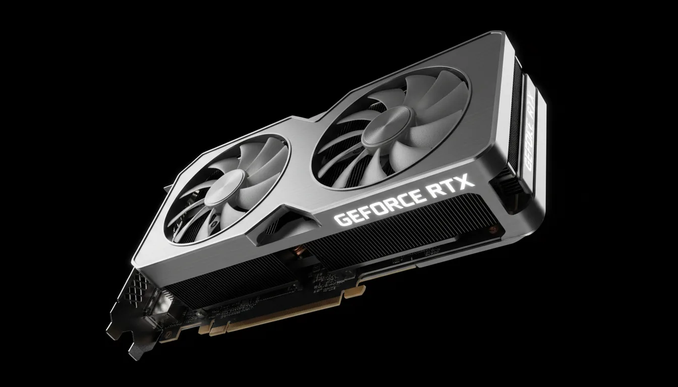 DSLR product photography of a modern NVIDIA GeForce RTX graphics card, floating against a solid black studio background. The shot is from a clean, low angle, looking up at the dual fans. Soft studio lighting creates crisp highlights on the brushed silver aluminum casing and defines the texture of the matte black heatsink fins. The entire GPU is in sharp focus, emphasizing its sleek, high-end industrial design.