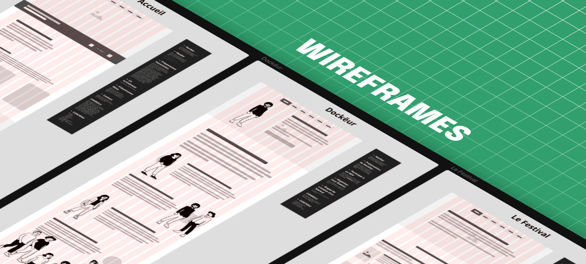 Wireframes du site internet de Teaser d'une rencontre avec un réalisateuravec le branding de  l'Association Döc Chez l'HAbitant fait par Ilies Manata