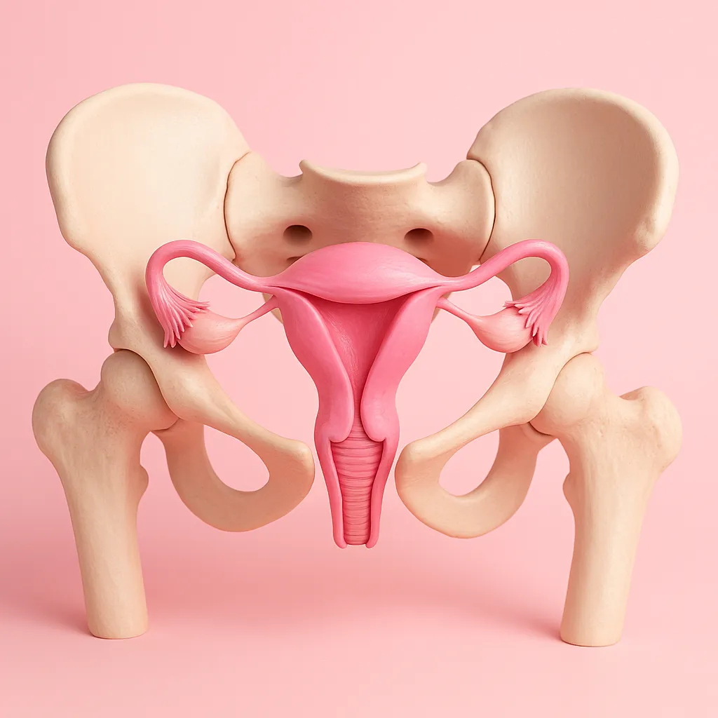 Relaxin - 3D medical illustration of a female pelvis with uterus and fallopian tubes highlighted in bright pink against a soft pink background, symbolizing the effect of the hormone relaxin on the pelvic area during pregnancy.