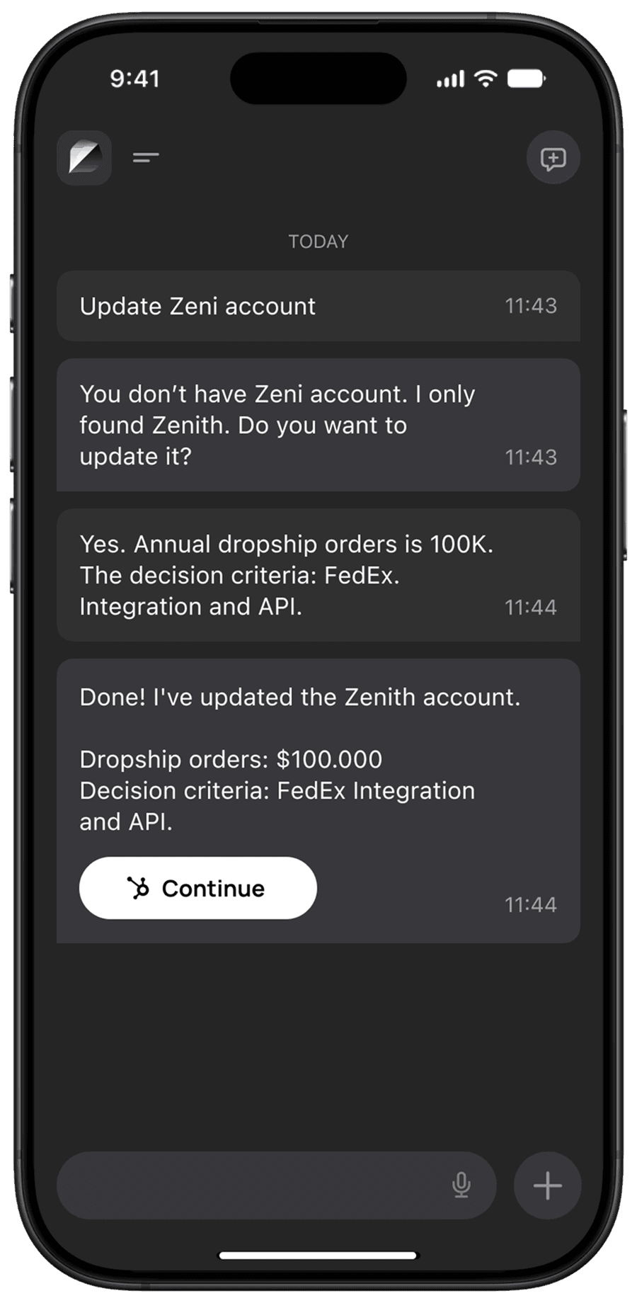 Screenshot of chat with a client
