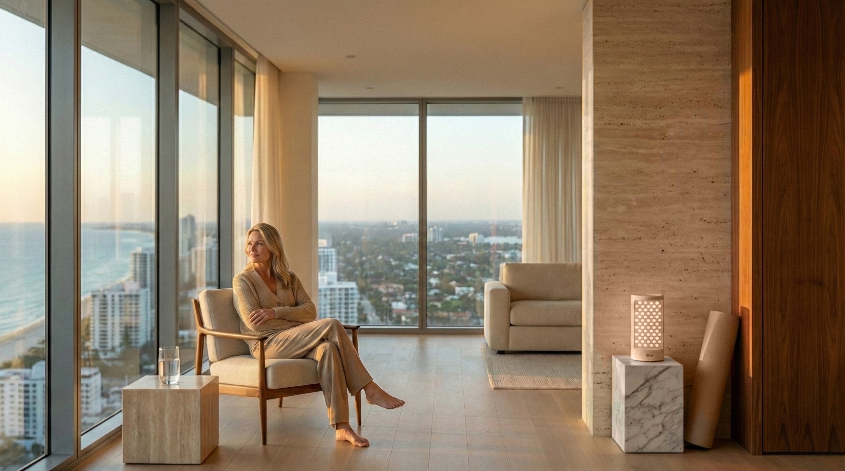 Sunlit modern apartment with floor-to-ceiling windows and a city-and-ocean view; woman seated in an armchair