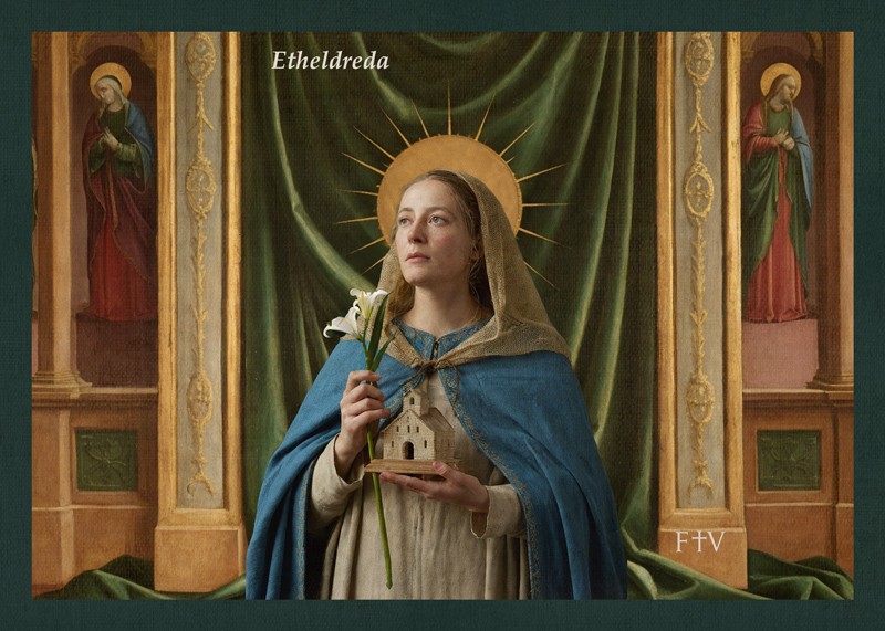 Sacred artwork by Faith and Verse. © Faith and Verse, 2025. All rights reserved. Traditional Catholic art postcard featuring Saint Etheldreda in devotional portrait style.