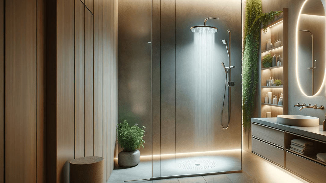 magic plan modern bathroom design with walk in shower, glass enclosure, and integrated lighting