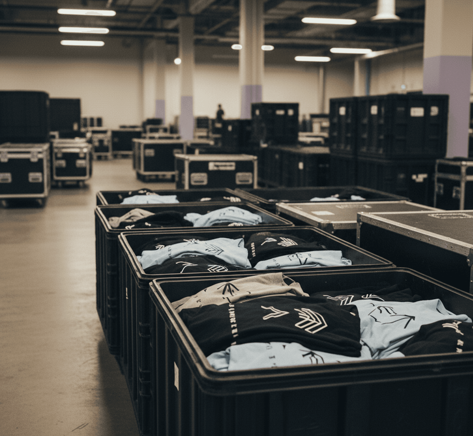 Folded screen printed t shirts on a pallet in the warehouse ready for boxing