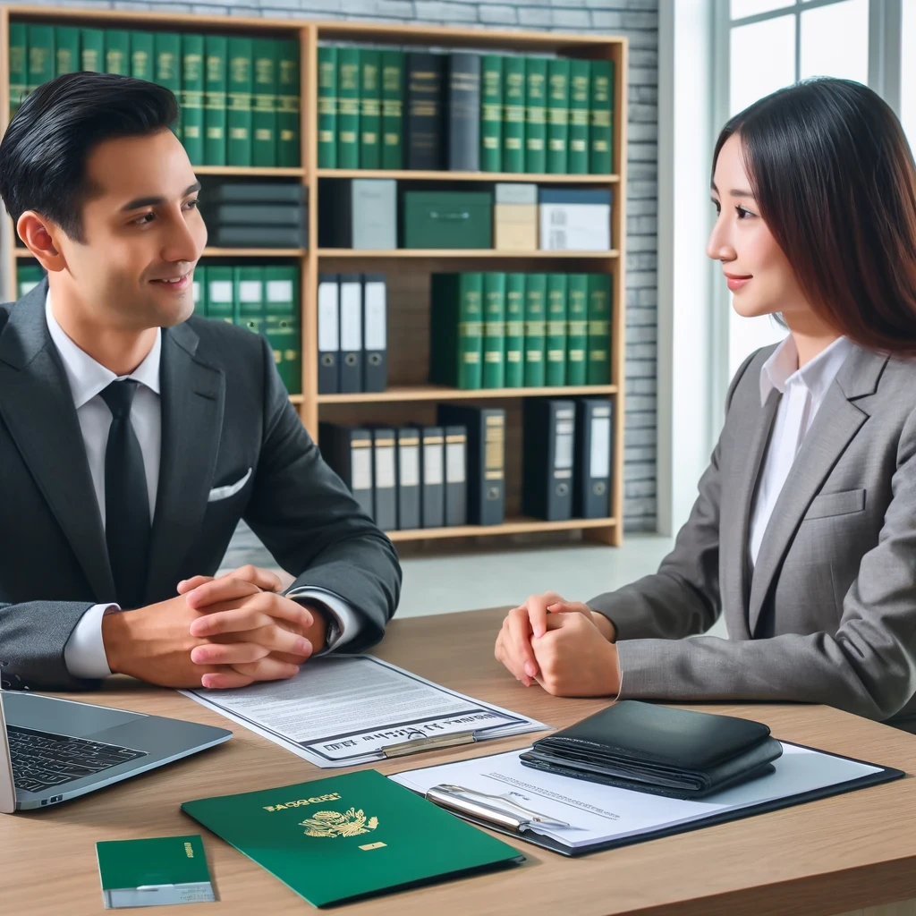 Diverse client consulting with a green card attorney in a professional office setting, discussing legal documents over a desk with a laptop and law books in the background.