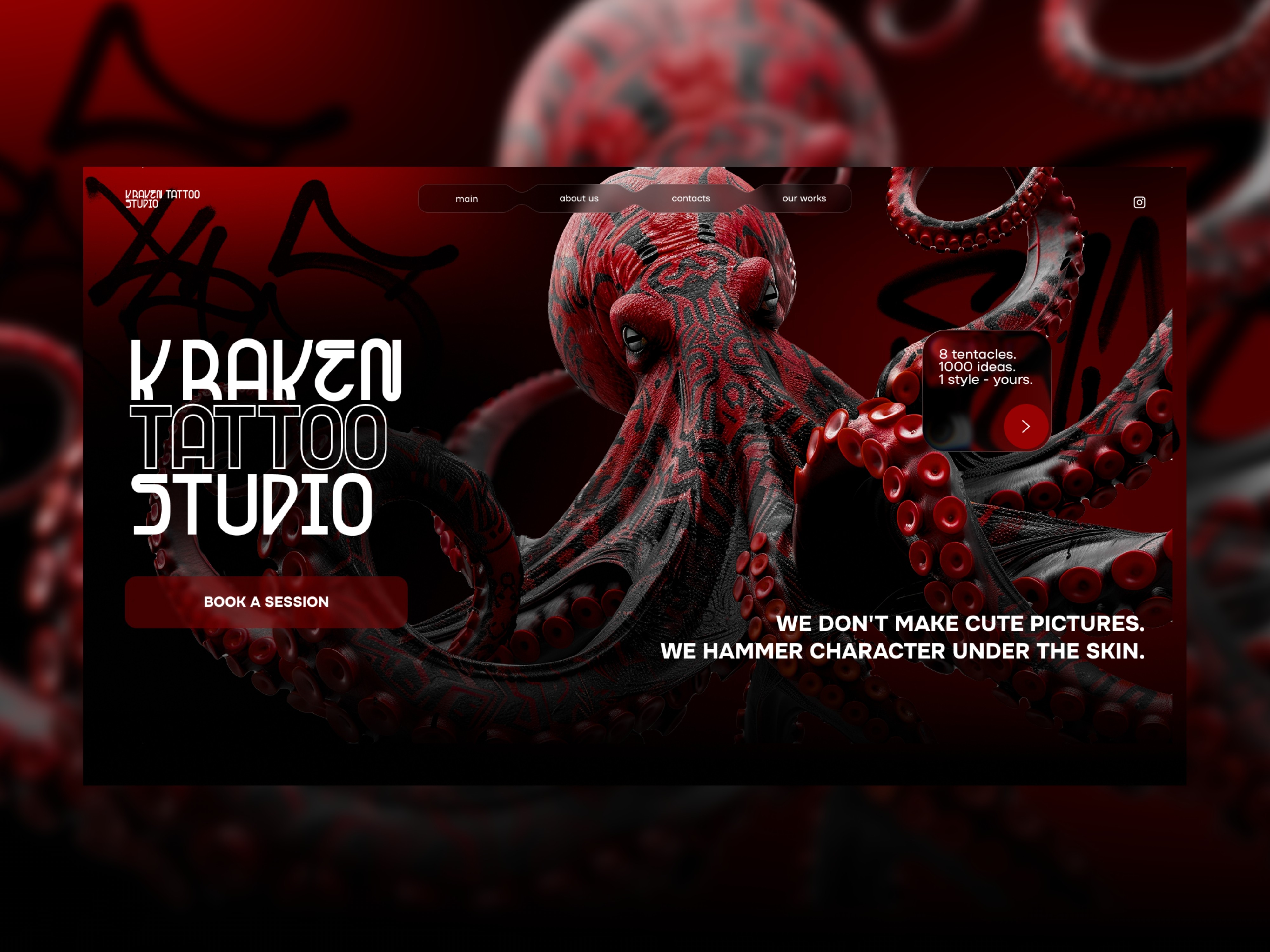 Kraken Tattoo Studio website with a realistic octopus, studio name, and booking button.