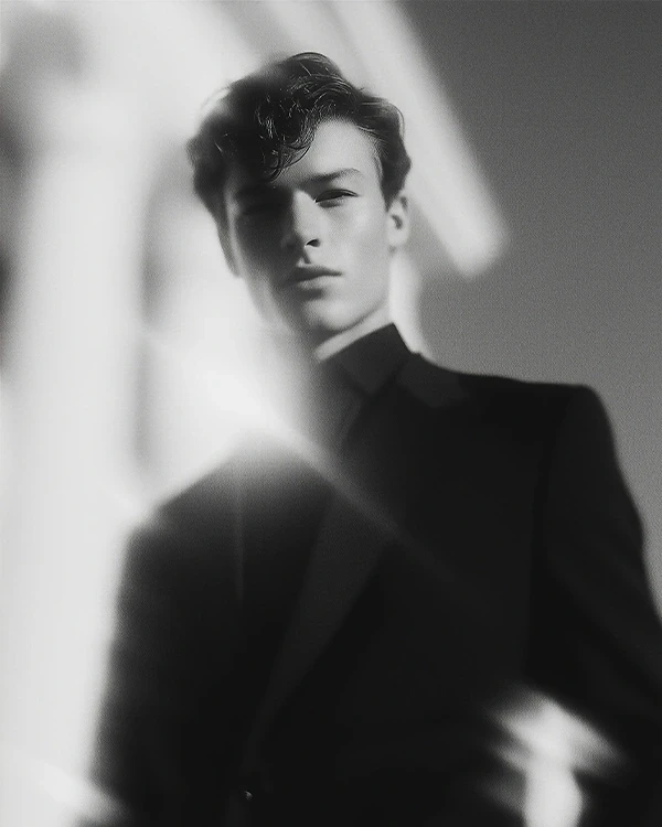 Dreamy black-and-white portrait of a young man in a suit with soft focus and light flares.