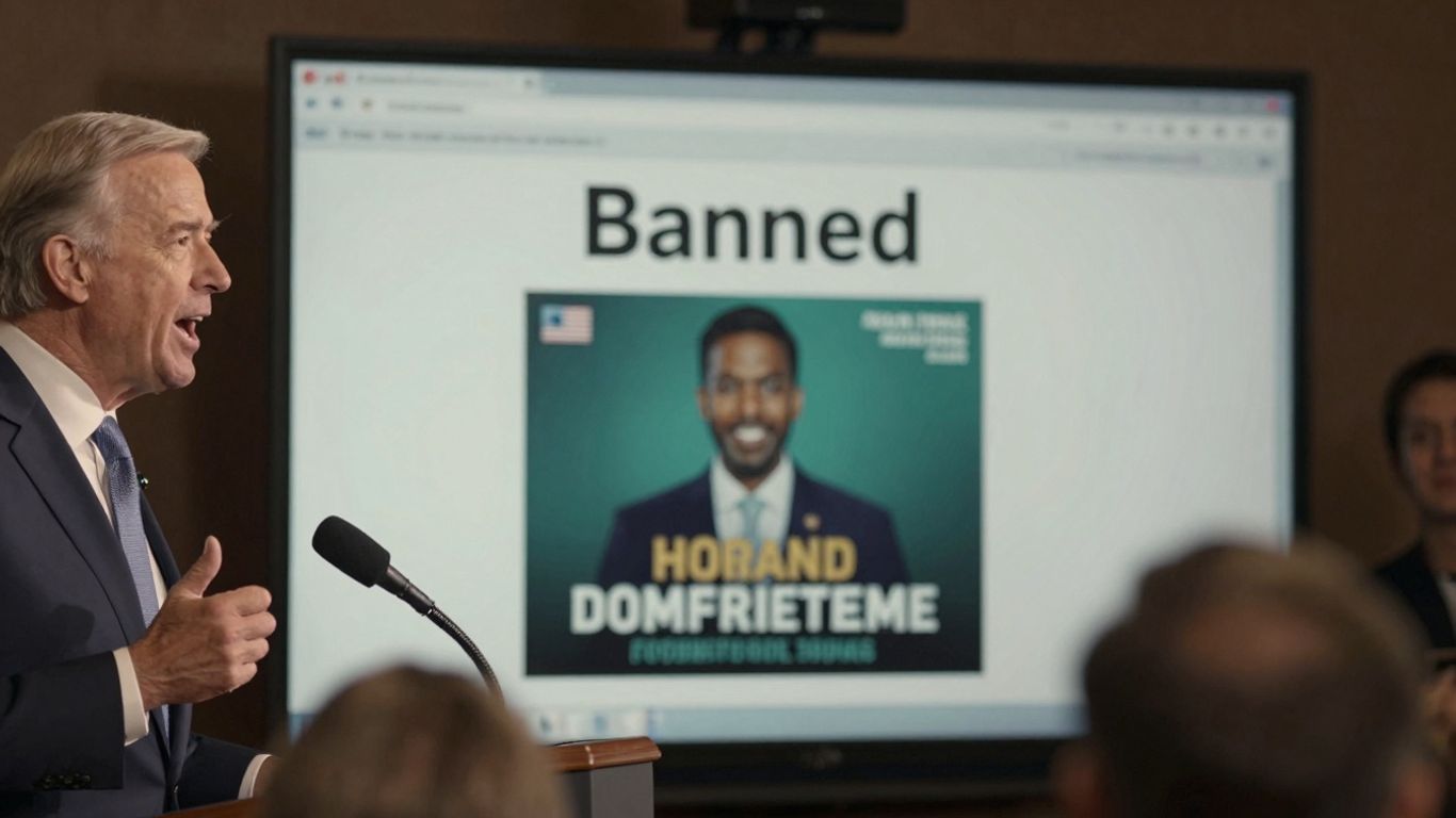 Politician speaking, then a banned ad notification.